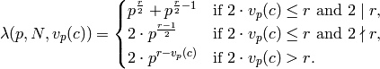 \lambda(p,N,v_p(c)) =
\begin{cases}
p^{\frac{r}{2}} + p^{\frac{r}{2} - 1} & \text{if $2\cdot v_p(c)\leq r$ and $2\mid r$,}\\
2\cdot p^{\frac{r-1}{2}} & \text{if $2\cdot v_p(c)\leq r$ and $2\nmid r$,}\\
2\cdot p^{r-v_p(c)} & \text{if $2\cdot v_p(c) > r$.}
\end{cases}