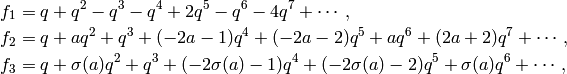 f_1&=q + q^2 - q^3 - q^4 + 2q^5 - q^6 - 4q^7 + \cdots, \\
f_2&= q + aq^2 + q^3 + (-2a - 1)q^4 + (-2a - 2)q^5 + aq^6 + (2a + 2)q^7
+ \cdots, \\
f_3&= q + \sigma(a)q^2 + q^3 + (-2\sigma(a) - 1)q^4 + (-2\sigma(a) - 2)q^5 + \sigma(a)q^6
+ \cdots,