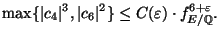 $\displaystyle \max\{\vert c_4\vert^3,\vert c_6\vert^2\} \leq C(\varepsilon )\cdot f_{E/\mathbb{Q}}^{6+\varepsilon }.
$