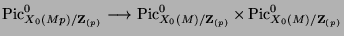 $\displaystyle \Pic^0_{X_0(Mp)/\mathbf{Z}_{(p)}} \longrightarrow
\Pic^0_{X_0(M)/\mathbf{Z}_{(p)}} \times \Pic^0_{X_0(M)/\mathbf{Z}_{(p)}}$