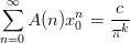 $$\sum_{n = 0}^{\infty} A(n)x_0^n = \frac{c}{\pi^k}$$